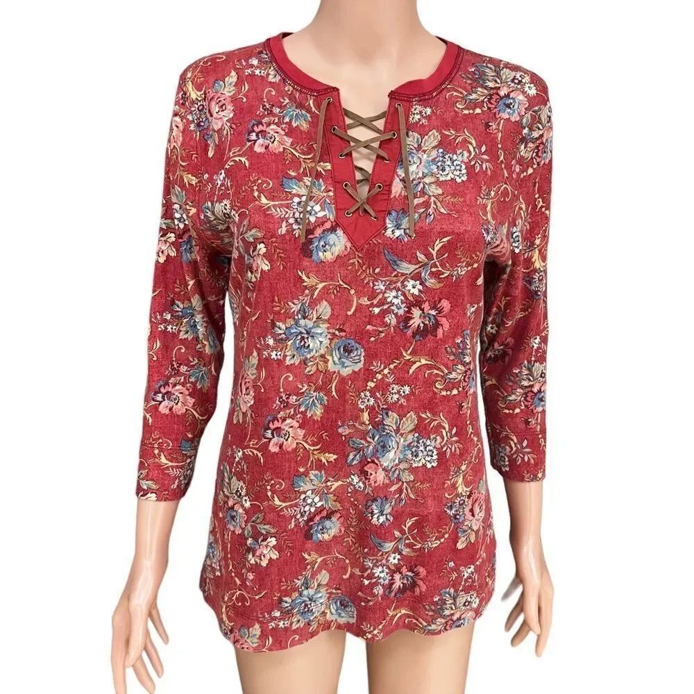Ralph Lauren Womens Floral Shirt Lace Up Neck Boho Bohemian Cottagecore L Cotton